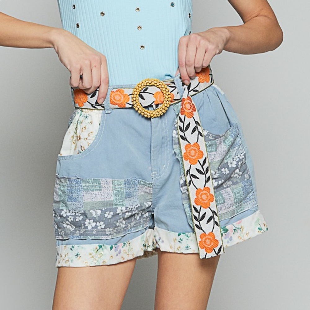 POL Blue and Gray Jean Shorts with Floral Accents